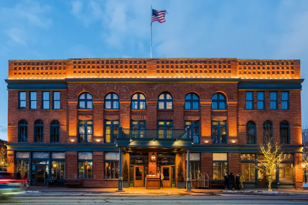 front of hotel jerome in the winter