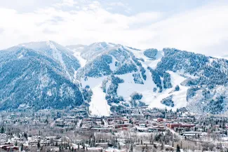 ariel photo of downtown aspen and aspen mountain